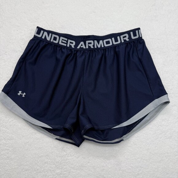 Under Armour Athletic Shorts Logo Loose Fit Blue Gray Workout Casual Womens L - Picture 5 of 10